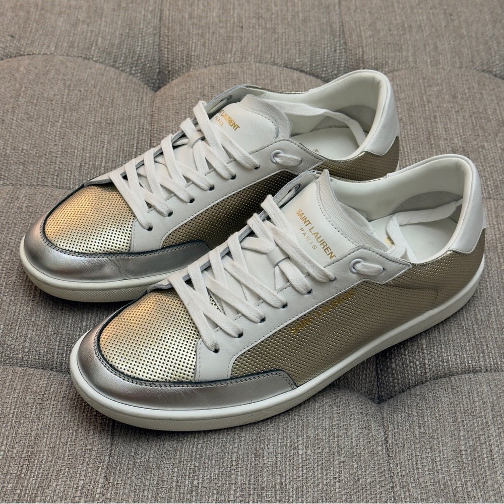Saint Laurent Men's Perforated Metallic Silver and Gold Sneakers Sz US 8/EU 41